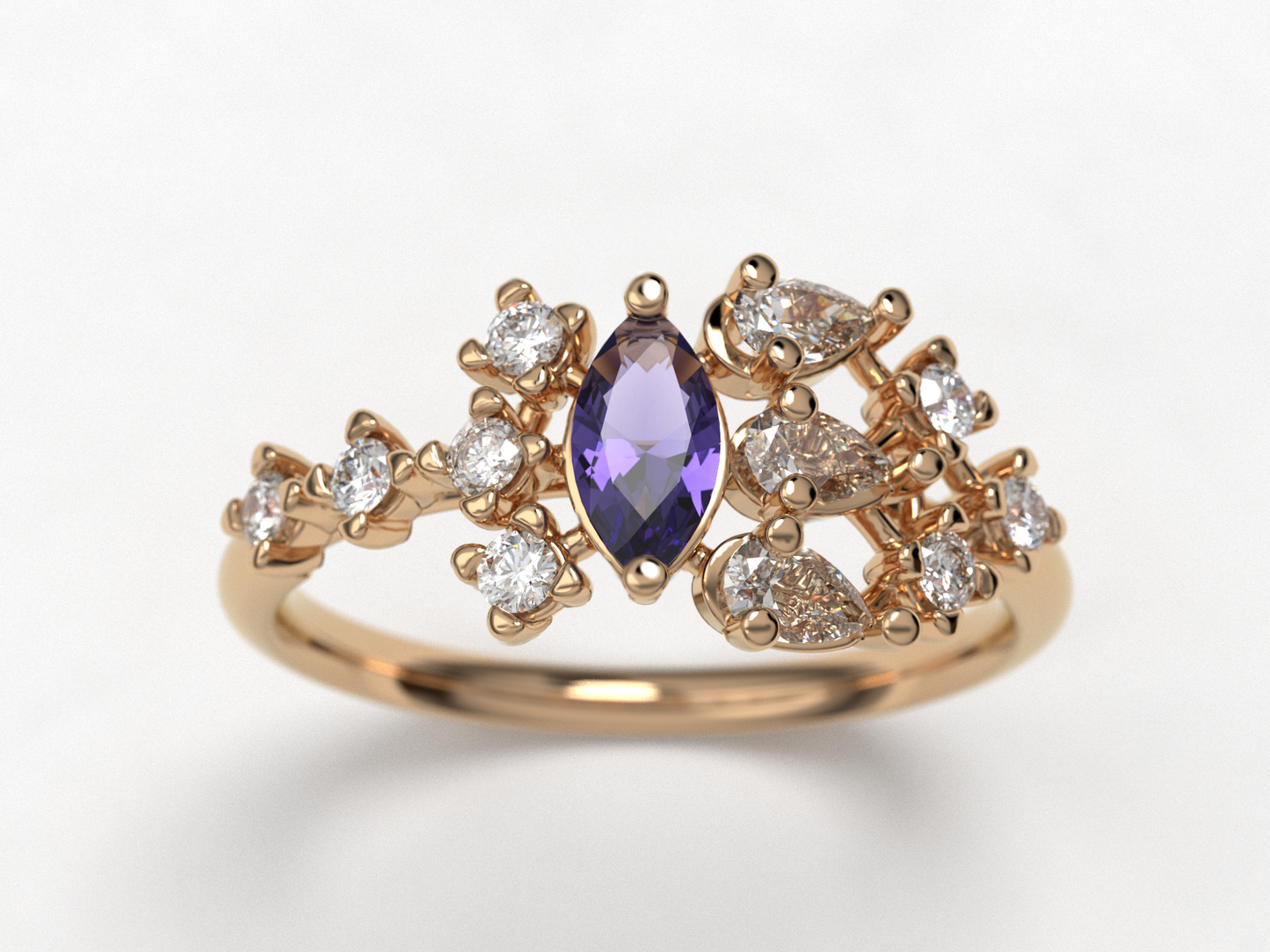 Tanzanite and Diamond Ring. 18k gold and 12 gems - Wedding Rings